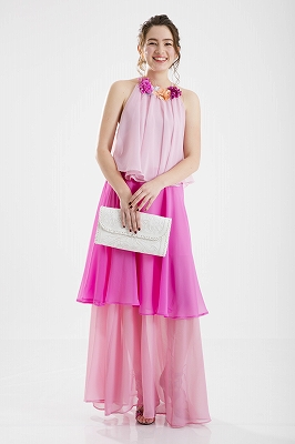 ASOSの3色ピンクのフレアロングドレス
